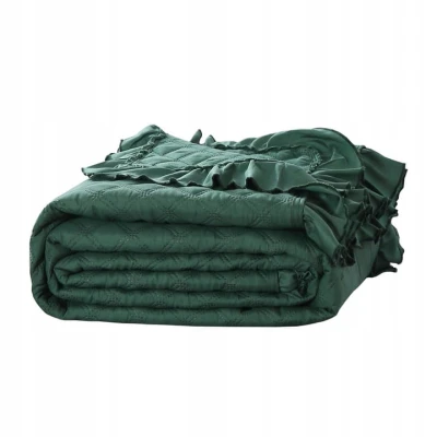 Butelkowa Zieleń Narzuta Pikowana  z Falbanką 240 x 260 xXL Boho Pled Kapa