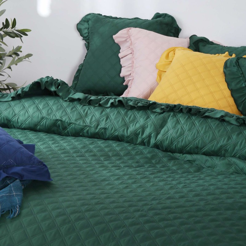 Pikowana Narzuta  z Falbanką Butelkowa Zieleń 200 x 220 xXL Boho Kapa Pled