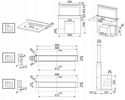 Okap do zabudowy 12cmx88cm 4 prędkości 700 m³/h LED Smeg KDD90CNE