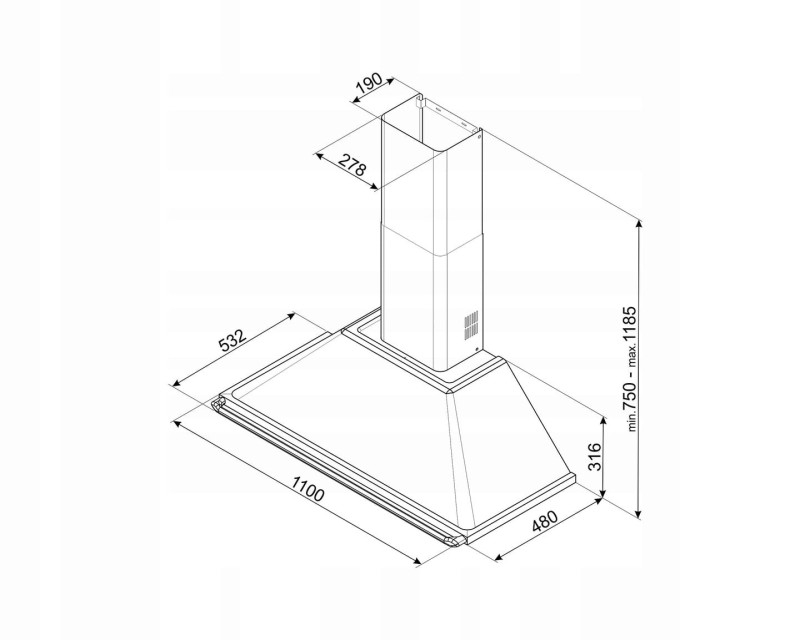 Okap przyścienny 110cm 788m³/h 3 prędkości LED Smeg KT110PE