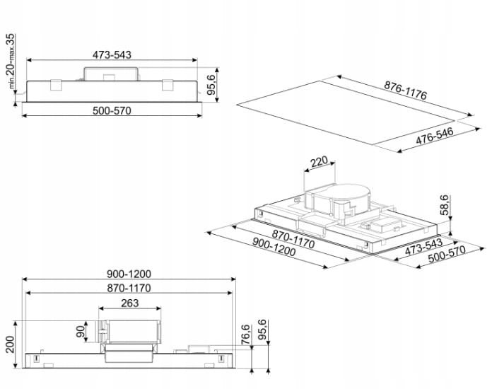 Okap sufitowy 90cm 597 m³/h 3 prędkości LED Smeg KLT120LXS