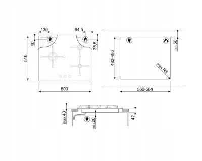 Płyta gazowa 60cm 3 palniki żeliwne ruszty Smeg PV163B3