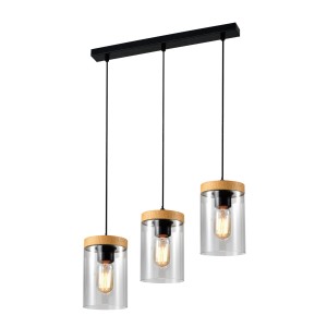 WELS Lampa Wisząca Czarny+drewniany 3x40 E27 Klosz Dymiony