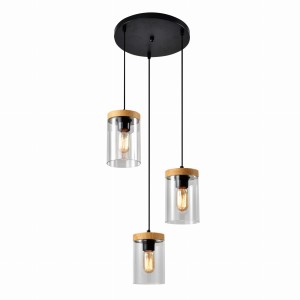WELS Lampa Wisząca Talerz Czarny+drewniany 3x40 E27 Klosz Dymiony