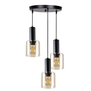 ISAR Lampa Wisząca Talerz Czarny 3x40 E27 Klosz Bursztynowy