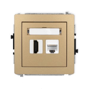 Mechanizm gniazda pojedynczego HDMI 2.1, 8K + gniazda komp. poj. 1xRJ45, kat. 6A, 8-stykowy Karlik DECO złoty metalik 8DGHK-86A