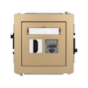 Mechanizm gniazda pojedynczego HDMI 2.1, 8K + gniazda komp. poj. 1xRJ45, kat. 8, ekranowany, 8-stykowy Karlik DECO złoty metalik 8DGHK-88