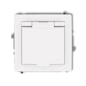 Mechanizm gniazda bryzgoszczelnego z uziemieniem 2P+Z (klapka biały mat, przesłony torów prądowych) Karlik DECO biały mat 25DGPB-1zp
