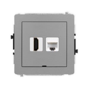 Mechanizm gniazda pojedynczego HDMI 2.1, 8K + gniazda komp. poj. 1xRJ45, kat. 6A, 8-stykowy, bez pola opisowego Karlik DECO szary mat 27DGHKBO-86A