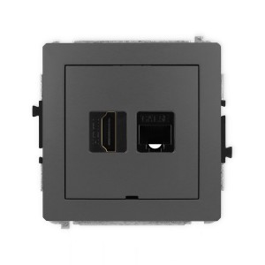 Mechanizm gniazda pojedynczego HDMI 2.0, 4K + gniazda komp. poj. 1xRJ45, kat. 5e, 8-stykowy, bez pola opisowego Karlik DECO grafitowy mat 28DGHKBO-45e