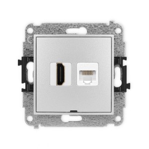Mechanizm gniazda pojedynczego HDMI 2.0, 4K + gniazda komp. poj. 1xRJ45, kat. 5e, 8-stykowy, bez pola opisowego Karlik ICON srebrny metalik 7IGHKBO-45e