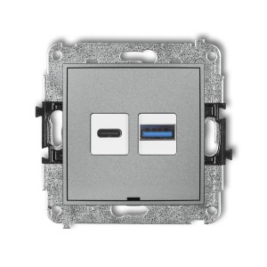 Mechanizm ładowarki USB podwójnej USB C + USB A, 20W max., bez pola opisowego Karlik ICON srebrny metalik 7ICUSBBO-8