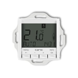 Mechanizm uniwersalnego elektronicznego tygodniowego regulatora temperatury (podświetlenie niebieskie)  Karlik ICON biały mat 25IRT-3.2