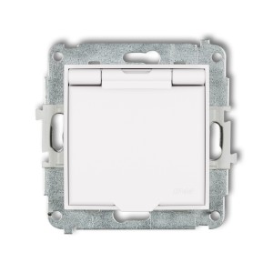 Mechanizm gniazda bryzgoszczelnego z uziemieniem 2P+Z (klapka biały mat, przesłony torów prądowych) Karlik ICON biały mat 25IGPB-1zp