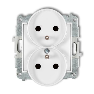 Mechanizm gniazda podwójnego do ramki z uziemieniem 2x(2P+Z) (przesłony torów prądowych) Karlik ICON biały mat 25IGPR-2zp
