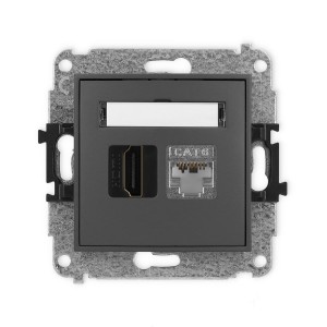 Mechanizm gniazda pojedynczego HDMI 2.0, 4K + gniazda komp. poj. 1xRJ45, kat. 6, ekranowany, 8-stykowy Karlik ICON grafitowy mat 28IGHK-46