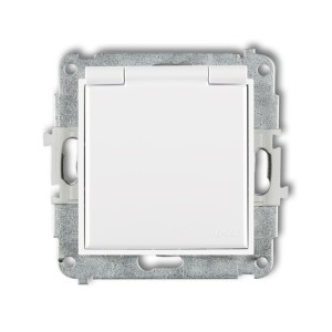 Mechanizm gniazda bryzgoszczelnego z uziemieniem SCHUKO 2P+Z (klapka biała, przesłony torów prądowych) Karlik MINI biały MGPB-1sp