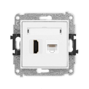 Mechanizm gniazda pojedynczego HDMI 2.0, 4K + gniazda komp. poj. 1xRJ45, kat. 5e, 8-stykowy Karlik MINI biały MGHK-45e