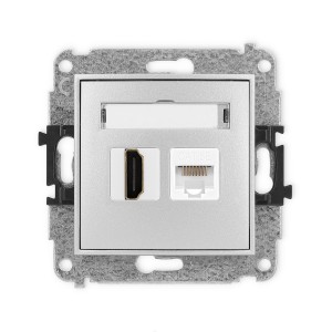 Mechanizm gniazda pojedynczego HDMI 2.0, 4K + gniazda komp. poj. 1xRJ45, kat. 5e, 8-stykowy Karlik MINI srebrny metalik 7MGHK-45e