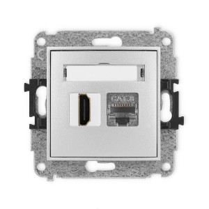 Mechanizm gniazda pojedynczego HDMI 2.1, 8K + gniazda komp. poj. 1xRJ45, kat. 8, ekranowany, 8-stykowy Karlik MINI srebrny metalik 7MGHK-88
