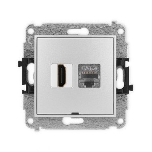 Mechanizm gniazda pojedynczego HDMI 2.1, 8K + gniazda komp. poj. 1xRJ45, kat. 8, ekranowany, 8-stykowy, bez pola opisowego Karlik MINI srebrny metalik 7MGHKBO-88
