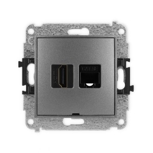 Mechanizm gniazda pojedynczego HDMI 2.0, 4K + gniazda komp. poj. 1xRJ45, kat. 5e, 8-stykowy, bez pola opisowego Karlik MINI grafitowy 11MGHKBO-45e