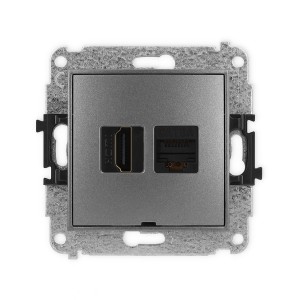 Mechanizm gniazda pojedynczego HDMI 2.0, 4K + gniazda komp. poj. 1xRJ45, kat. 6A, 8-stykowy, bez pola opisowego Karlik MINI grafitowy 11MGHKBO-46A