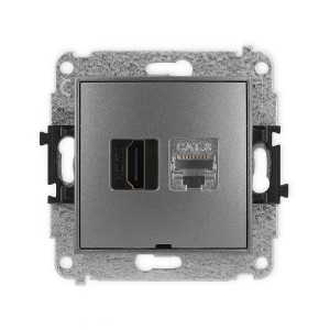 Mechanizm gniazda pojedynczego HDMI 2.1, 8K + gniazda komp. poj. 1xRJ45, kat. 8, ekranowany, 8-stykowy, bez pola opisowego Karlik MINI grafitowy 11MGHKBO-88