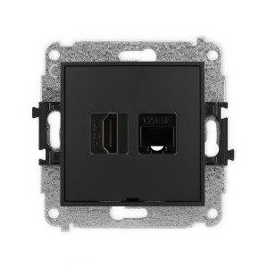 Mechanizm gniazda pojedynczego HDMI 2.0, 4K + gniazda komp. poj. 1xRJ45, kat. 5e, 8-stykowy, bez pola opisowego Karlik MINI czarny mat 12MGHKBO-45e