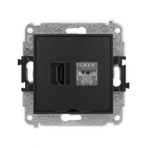Mechanizm gniazda pojedynczego HDMI 2.0, 4K + gniazda komp. poj. 1xRJ45, kat. 6, ekranowany, 8-stykowy, bez pola opisowego Karlik MINI czarny mat 12MGHKBO-46