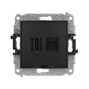 Mechanizm gniazda pojedynczego HDMI 2.1, 8K + gniazda komp. poj. 1xRJ45, kat. 6A, 8-stykowy, bez pola opisowego Karlik MINI czarny mat 12MGHKBO-86A