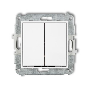 Mechanizm łącznika jednobiegunowego ze schodowym (dwa klawisze bez piktogramów, osobne zasilanie) Karlik MINI biały mat 25MWP-10.21