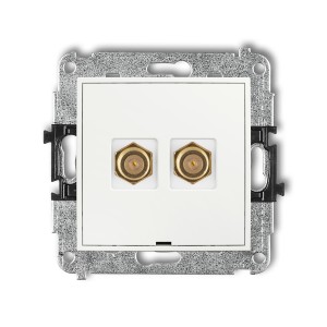 Mechanizm gniazda antenowego podwójnego typu F (SAT) pozłacany, bez pola opisowego Karlik MINI biały mat 25MGFBO-2.1
