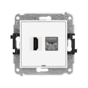 Mechanizm gniazda pojedynczego HDMI 2.0, 4K + gniazda komp. poj. 1xRJ45, kat. 6, ekranowany, 8-stykowy, bez pola opisowego Karlik MINI biały mat 25MGHKBO-46