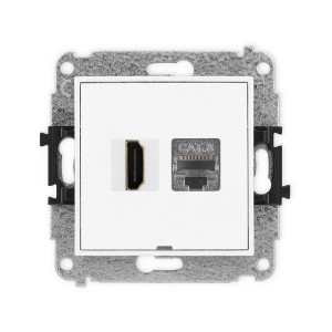 Mechanizm gniazda pojedynczego HDMI 2.1, 8K + gniazda komp. poj. 1xRJ45, kat. 8, ekranowany, 8-stykowy, bez pola opisowego Karlik MINI biały mat 25MGHKBO-88