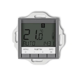 Mechanizm uniwersalnego elektronicznego tygodniowego regulatora temperatury (podświetlenie niebieskie)  Karlik MINI szary mat 27MRT-3.2
