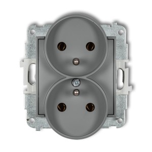 Mechanizm gniazda podwójnego do ramki z uziemieniem 2x(2P+Z) (bez przesłon torów prądowych) Karlik MINI szary mat 27MGPR-2z