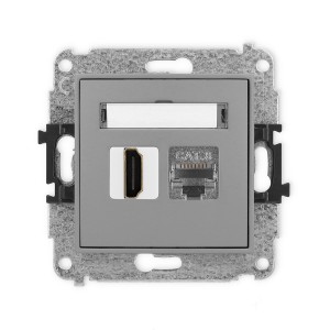 Mechanizm gniazda pojedynczego HDMI 2.1, 8K + gniazda komp. poj. 1xRJ45, kat. 8, ekranowany, 8-stykowy Karlik MINI szary mat 27MGHK-88