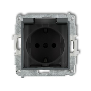 Mechanizm gniazda bryzgoszczelnego z uziemieniem SCHUKO 2P+Z (klapka dymna, przesłony torów prądowych) Karlik MINI grafitowy mat 28MGPB-1sdp