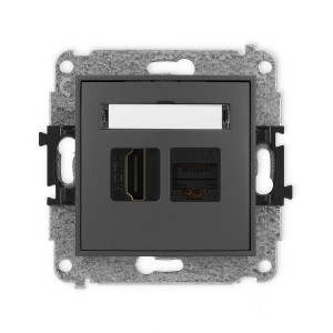 Mechanizm gniazda pojedynczego HDMI 2.1, 8K + gniazda komp. poj. 1xRJ45, kat. 6A, 8-stykowy Karlik MINI grafitowy mat 28MGHK-86A