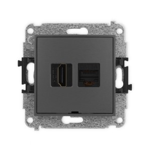 Mechanizm gniazda pojedynczego HDMI 2.1, 8K + gniazda komp. poj. 1xRJ45, kat. 6A, 8-stykowy, bez pola opisowego Karlik MINI grafitowy mat 28MGHKBO-86A