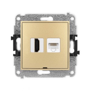 Mechanizm gniazda pojedynczego HDMI 2.0, 4K + gniazda komp. poj. 1xRJ45, kat. 5e, 8-stykowy, bez pola opisowego Karlik MINI złoty 29MGHKBO-45e