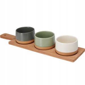 MISECZKI CERAMICZNE 3 SZTUKI NA PRZEKĄSKI Z TACĄ BAMBUSOWĄ WIELOKOLOROWE