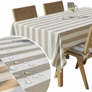 BEŻOWY OBRUS OGRODOWY PLAMOODPORNY 140x180 WODOODPORNY NA ZEWNĄTRZ STRIPES