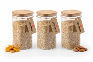 3x POJEMNIKI NA ŻYWNOŚĆ SŁOIK SZKLANY 900 ml Z BAMBUSOWĄ POKRYWKĄ BERGMAN