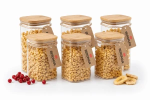 6x POJEMNIKI NA ŻYWNOŚĆ SŁOIK SZKLANY 1000 ml Z BAMBUSOWĄ POKRYWKĄ BERGMAN