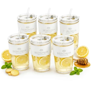 6x KUBKI TERMICZNE SZKLANE 400ml Z POKRYWKĄ ZE SŁOMKĄ DO KAWY HERBATY WHITE