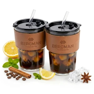 2x KUBKI TERMICZNE SZKLANE 400ml Z POKRYWKĄ ZE SŁOMKĄ DO KAWY HERBATY BLACK