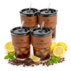 4x KUBKI TERMICZNE SZKLANE 400ml Z POKRYWKĄ ZE SŁOMKĄ DO KAWY HERBATY BLACK