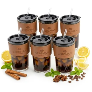6x KUBKI TERMICZNE SZKLANE 400ml Z POKRYWKĄ ZE SŁOMKĄ DO KAWY HERBATY BLACK